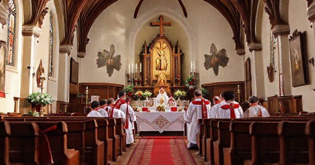 Kaplica katolicka z biskupem sedevacantystowskim i wiernymi modlącymi się przed ołtarzem