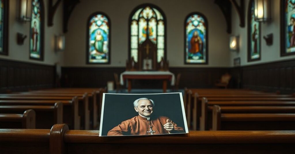 Wnętrze kaplicy katolickiej z pustym ołtarzem i witrażami przedstawiającymi tradycyjnych świętych. Na ławce widnieje fotografia Arcybiskupa Fultona J. Sheena obok ekranu multimedialnego wyświetlającego jego telewizyjne kazania.