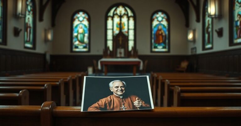 Wnętrze kaplicy katolickiej z pustym ołtarzem i witrażami przedstawiającymi tradycyjnych świętych. Na ławce widnieje fotografia Arcybiskupa Fultona J. Sheena obok ekranu multimedialnego wyświetlającego jego telewizyjne kazania.