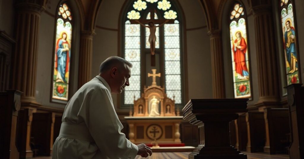 Katholik w tradycyjnym stroju modli się w kaplicy w Sokółce przed tabernakulum w 2025 roku.