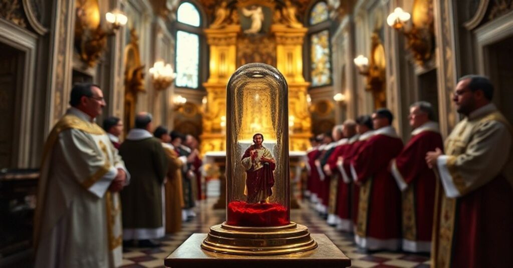 Scena w Kaplicy Królewskiej Skarbca św. Januarego w Neapolu, Włochy. Relikwia krwi św. Januarego prezentowana w szklanej fiolce otoczona tradycyjnymi elementami liturgii katolickiej.