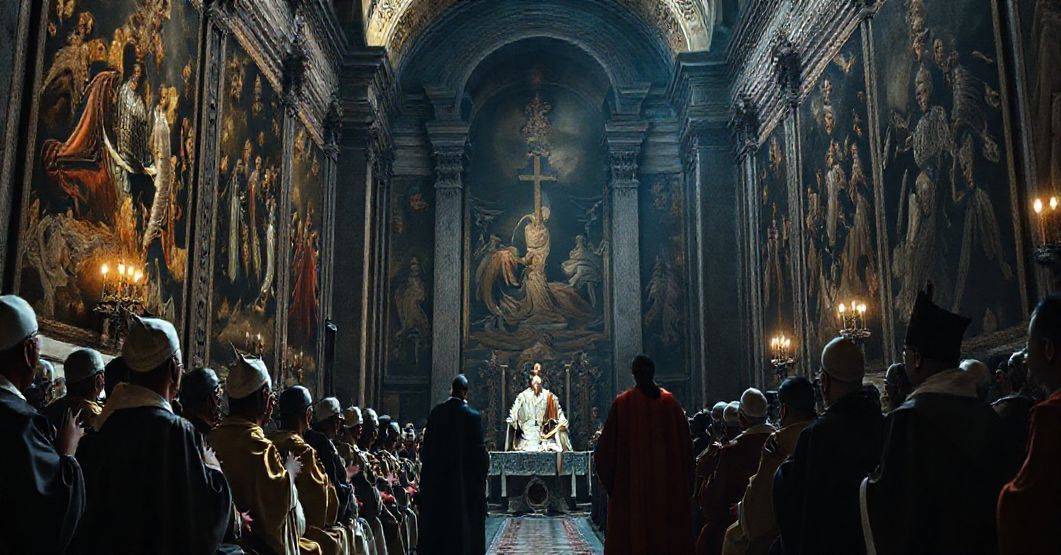 Sobór watykański podczas ekumenicznego zgromadzenia z fałszywym "papieżem" i heretyckim monarchą, z tapiceriami Rafaela na tle, symbolizującym zbrodnię apostazji.
