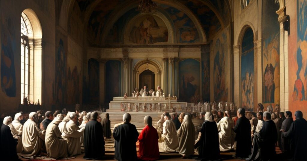 Wnętrze Kaplicy Sykstyńskiej podczas fałszywych rekolekcji dla uzurpatora Leona XIV. Scena przedstawia Erik Vardena prowadzącego nowoczesną medytację przed freskami Michalangela.