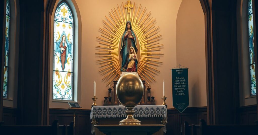 Kaplica adoracyjna w Radzyminie z monstrancją przedstawiającą Świętą Rodzinę i złotymi promieniami w stylu fałszywego cudu fatimskiego.