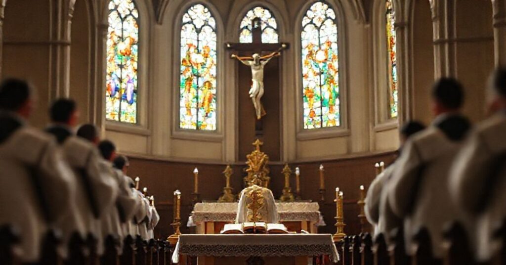 Solemne wnętrze kaplicy katolickiej z tradycyjnym ołtarzem i modlącym się kapłanem tradycjonalistycznym przed krzyżem. Na tle widoczni moderniści w nowoczesnych ornatach zakłócający uroczystość.