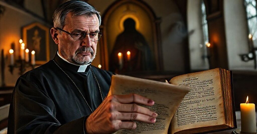 Kaplica w tradycyjnym stylu katolickim z księdzem badanym fałszywymi objawieniami Fatimskimi i ostrzeżeniami proroka Daniela przed fałszywymi wizjami