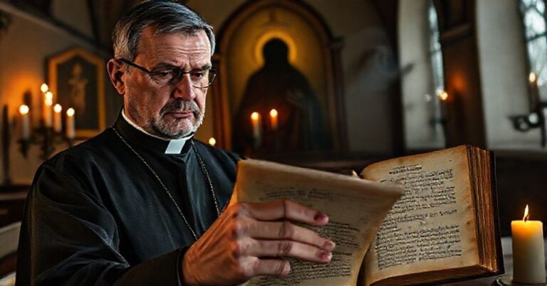 Kaplica w tradycyjnym stylu katolickim z księdzem badanym fałszywymi objawieniami Fatimskimi i ostrzeżeniami proroka Daniela przed fałszywymi wizjami