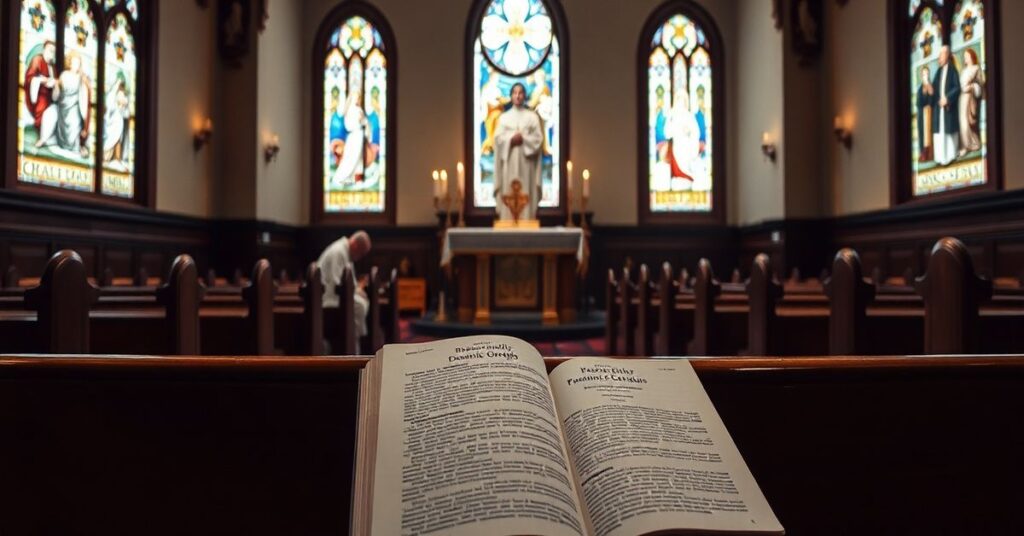 Solemne wnętrze kaplicy katolickiej z tradycyjnym ołtarzem i klęczącym księciem w albie modlącym się w obecności encykliki Pascendi Dominici Gregis.