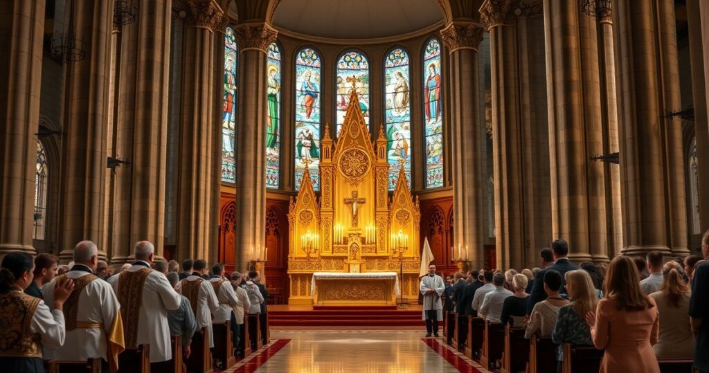 Klasztorna kaplica z wiernymi w modlitwie, skupiająca się na liturgii, z tradycyjnym wystrojem i powagą sakralną