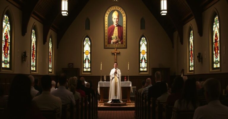 Kaplica katolicka z tradycyjnym mszałem w języku łacińskim przyświecającym wiernym. Ołtarz ozdobiony symbolami sakramentalnymi. Fotografia Świętego Piusa X w tle.