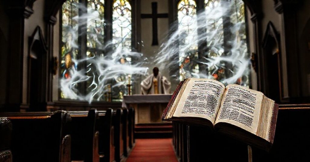 Ciemna kaplica katolicka z tradycyjną mszą ad orientem, symbolizująca kryzys doktrynalny po Soborze Watykańskim II