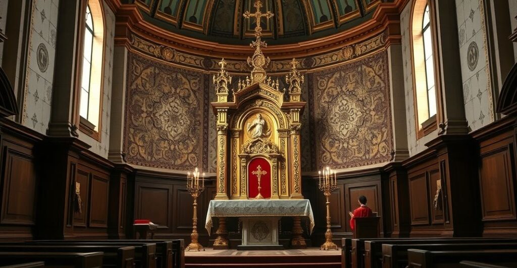 Tradycyjna katolicka kaplica z tronem eucharystycznym i tabernakulum, wyrazista i poważna scena adoracji, symbol wiary i tradycji