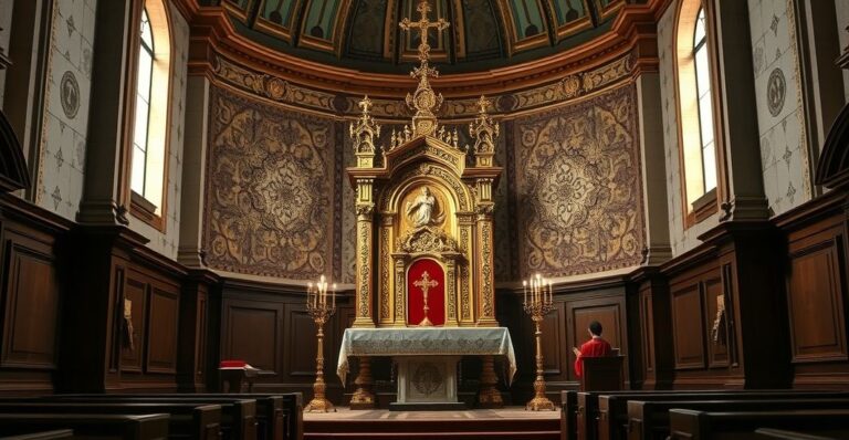 Tradycyjna katolicka kaplica z tronem eucharystycznym i tabernakulum, wyrazista i poważna scena adoracji, symbol wiary i tradycji