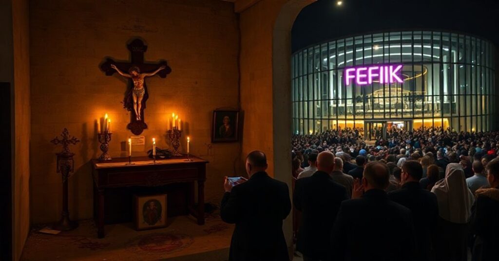 Osobliwy kontrast między kaplicą w porzuconym budynku a nowoczesnym centrum kulturalnym FENIKS na tle. Katedra świateł i tradycji chrześcijańskiej wobec sekularyzacji.