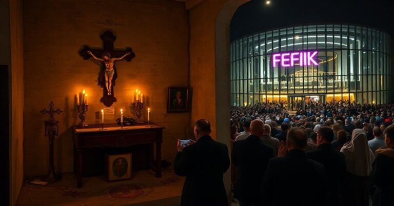 Osobliwy kontrast między kaplicą w porzuconym budynku a nowoczesnym centrum kulturalnym FENIKS na tle. Katedra świateł i tradycji chrześcijańskiej wobec sekularyzacji.