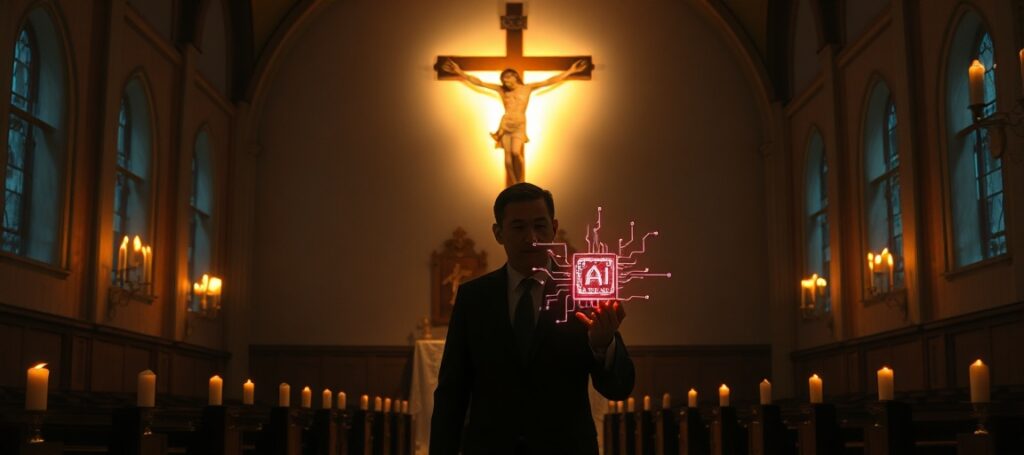Ciemna kaplica katolicka z krzyżem i tabernakulum oświetlona jasnym światłem Chrystusa. Na tle widoczne postacie Elona Muska i Petera Thiela jako cienie nowoczesnej technologicznej herezji.
