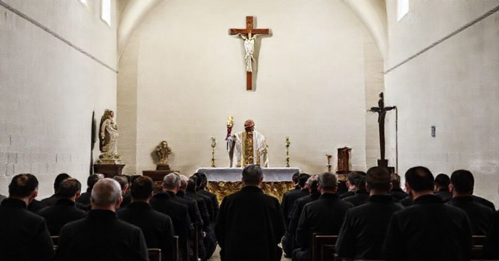 Tradcyjna msza trydencka w więziennym kaplicy w Lublinie z kapłanem w ornacie i skruszonymi więźniami w modlitwie