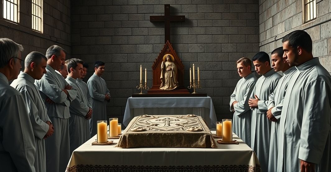 Więzienna kaplica katolicka z relikwią Carla Acutisa – krytyka nowoczesnej pobożności Fotorealistyczne zdjęcie więziennego kaplicy katolickiej z relikwią Carla Acutisa, ukazujące powagę i autentyczną pobożność, krytykujące współczesne praktyki religijne w kontekście więziennym