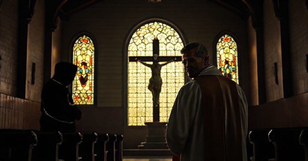 Czysta kaplica więzienna z krzyżem i kapłanem w ornatach, z przytłumioną postacią terrorysty w łańcuchach symbolizującą konflikt między prawdziwą religią a fałszywymi kultami.