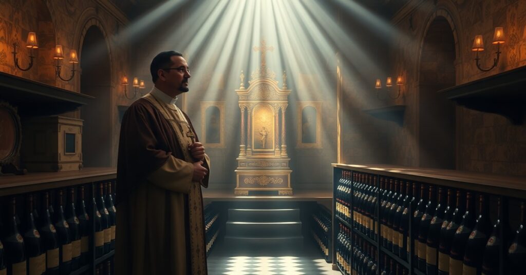 Zdjęcie przedstawiające kaplicę katolicką z ołtarzem i tabernakulum w tle oraz piwnicę z butelkami win w przestworzu. Kapłan patroluje kaplicę z krzyżem.