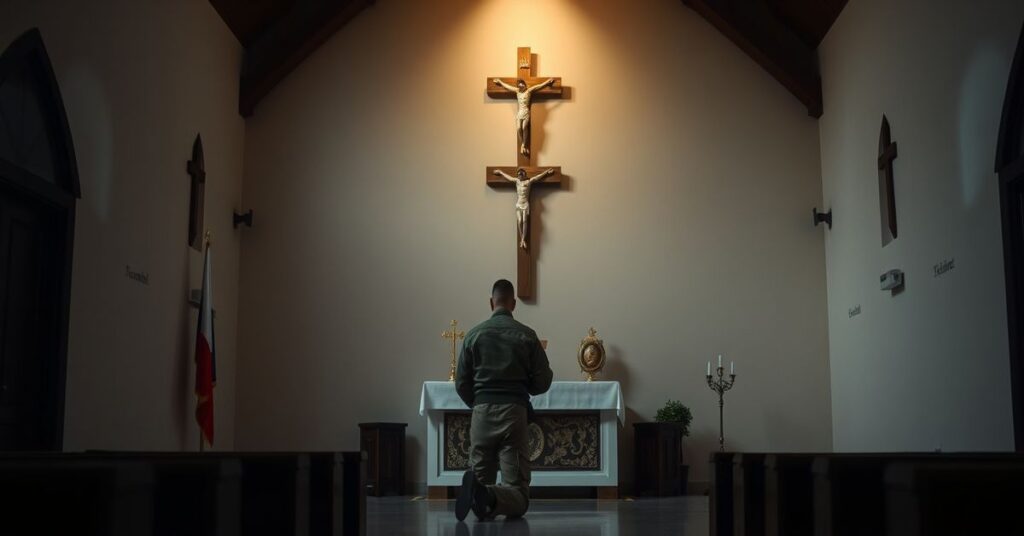 Sowietny obraz kaplicy wojskowej w Polsce z tradycyjnym ołtarzem katolickim i żołnierzem modlącym się przed krzyżem.