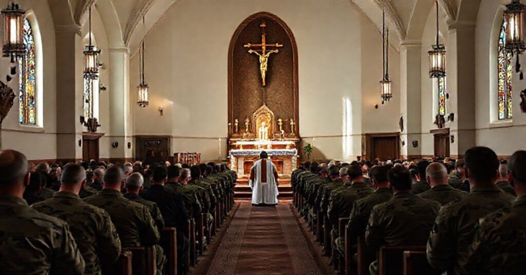 Kaplica wojskowa katolicka z kapelanem w tradycyjnych szatach celebrującym Tridentyńską Mszę Świętą podczas modlitwy żołnierzy.