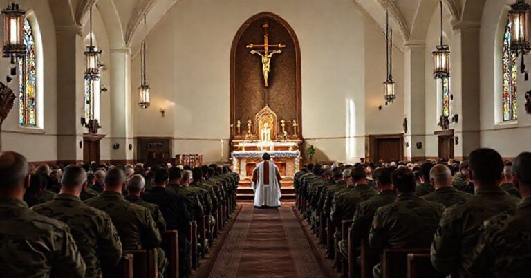 Kaplica wojskowa katolicka z kapelanem w tradycyjnych szatach celebrującym Tridentyńską Mszę Świętą podczas modlitwy żołnierzy.
