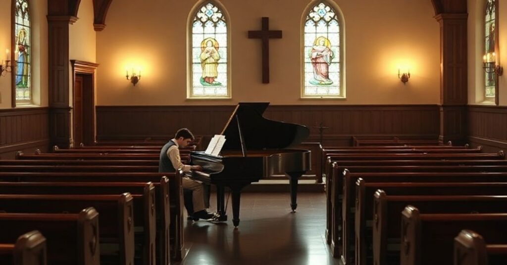 Kaplica z antycznym fortepianem, młody pianist w tradycyjnym stroju grający Chopina w atmosferze czci i kontemplacji.