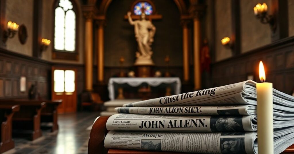 Solemne wnętrze kaplicy katolickiej z rzeźbą Chrystusa Króla, gazetą o Johnie Allenie i zapaloną świecą na ławce