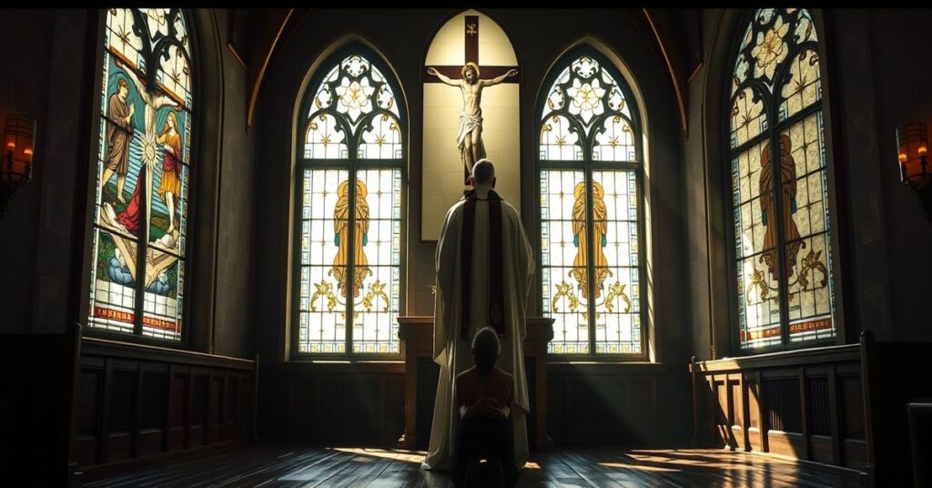 Ciemna kaplica z oświetloną świecą i klęczącym grzesznikiem przed konfesjonałem; tradycyjny ksiądz w ornaty wskazuje na konieczność pokuty.