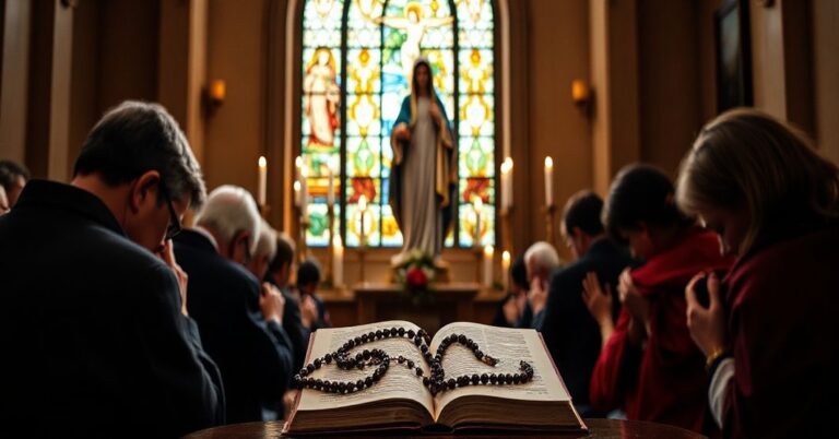 Kaplica katolicka z rzeźbą Matki Bożej, świecami i wiernymi modlącymi się.