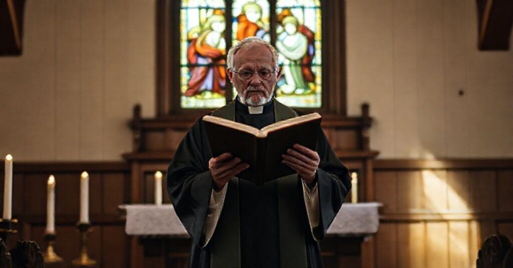 Tradycyjna kaplica katolicka z drewnianym ołtarzem, oświetlona świecami. Na pierwszym planie stoi staruszek kapłan w starej rytu sutannie trzymający otwarte brewiarz z Psalmem 128. W tle witraż przedstawiający Świętą Rodzinę. Scena oddaje powagę liturgii i kontrastuje z nowoczesnymi interpretacjami.