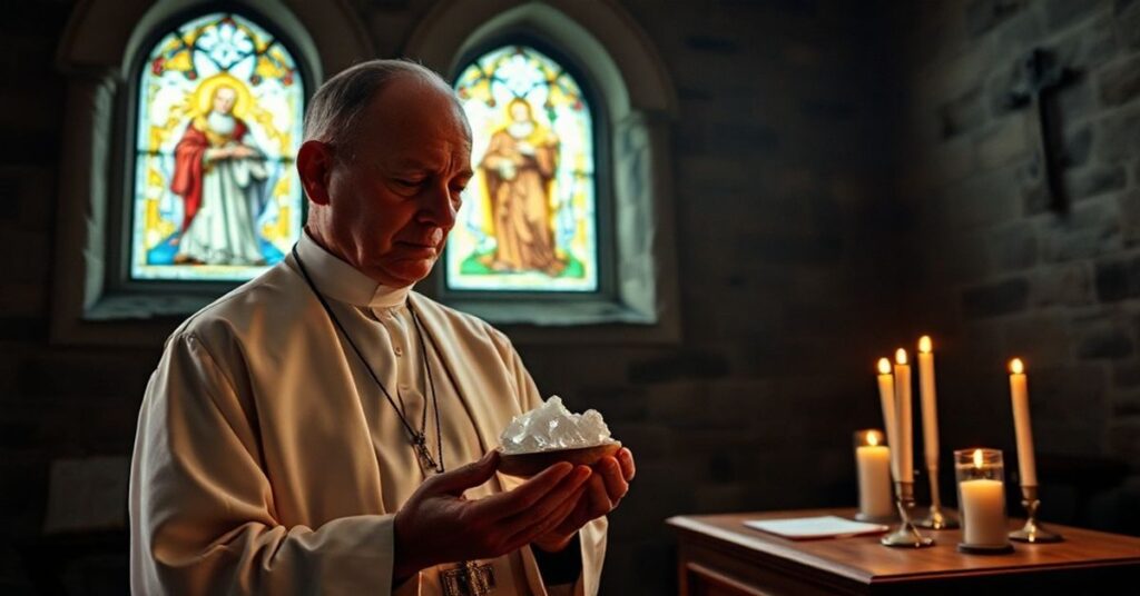 Książę katolicki trzyma relikwiarz z solą w ciemnej kaplicy z witrażem świętego Piotra