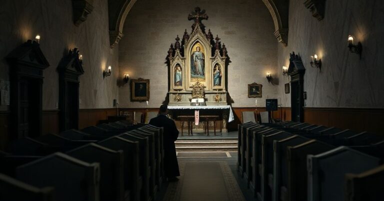 Wnętrze zdegradowanej kaplicy św. Anny na zamku Sułkowskich z neo-konserwatywistyczną inscenizacją mszy.