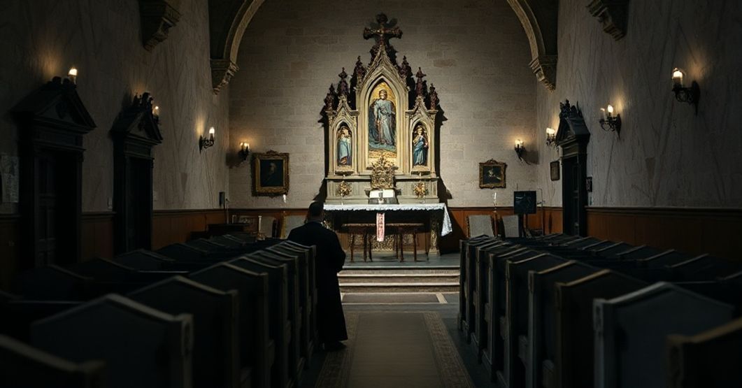 Wnętrze zdegradowanej kaplicy św. Anny na zamku Sułkowskich z neo-konserwatywistyczną inscenizacją mszy.