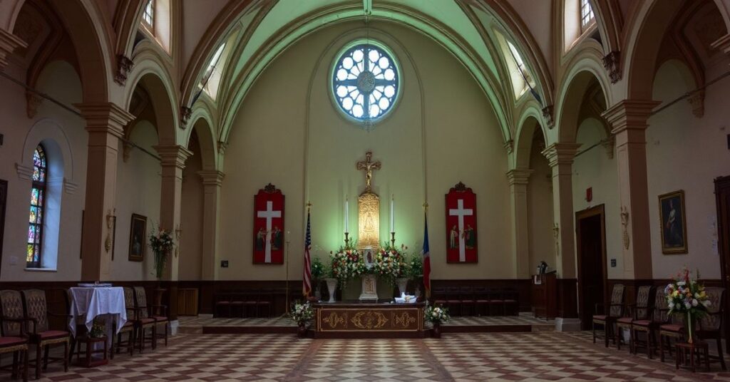 Paryska kaplica Cudownego Medalika z modlącymi się wiernymi w tradycyjnym stylu katolickim.