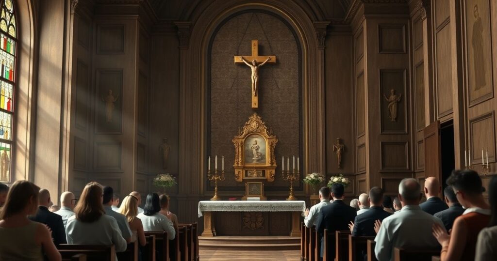 Realistyczny obraz katolickiej kaplicy z wiernymi modlącymi się przy ołtarzu, ukazujący głębię duchowej pobożności i tradycyjny katolicki klimat
