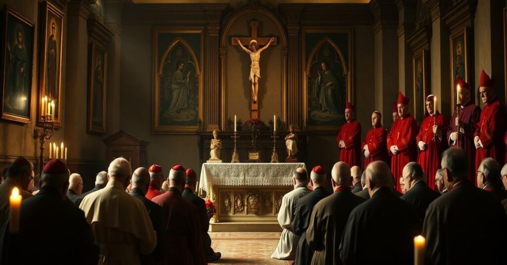 Stara kaplica o tradycyjnym wystroju katolickim z biskupami modlącymi się przed ołtarzem podczas masowej wymiany pasterzy na początku lat 70. XX wieku.