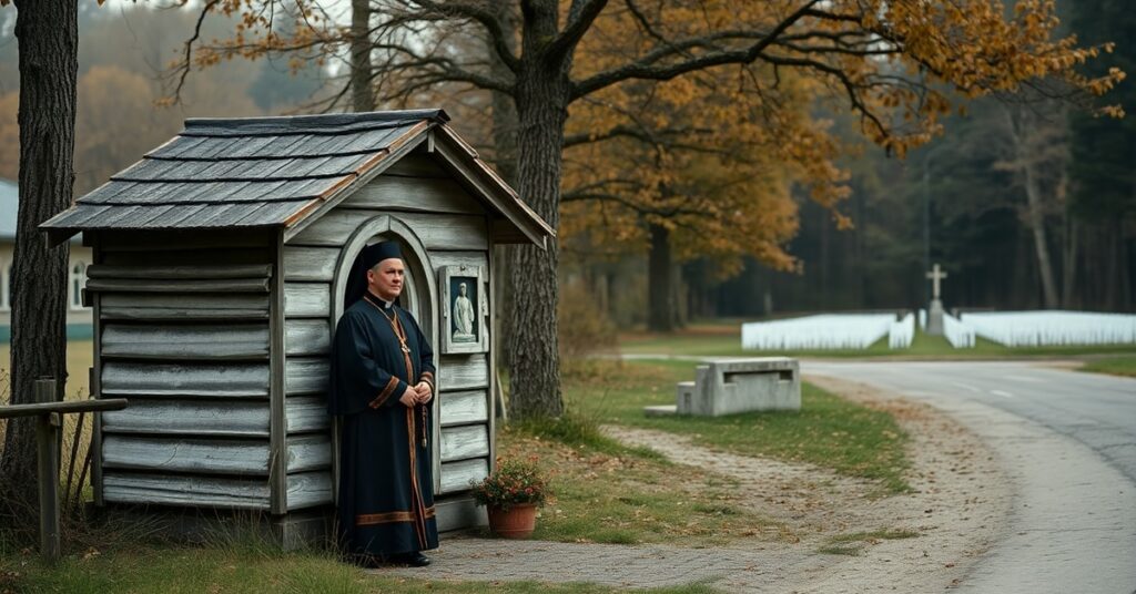 Kapliczka w Drezdenku przypominająca gietrzwałdzki kościółek przy lesie jesiennym