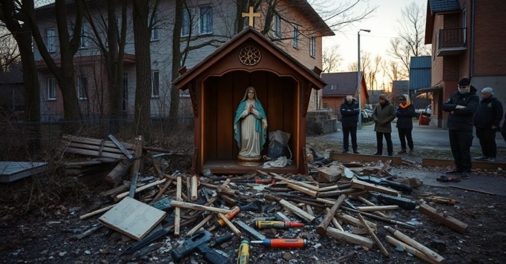 Zniszczona drewniana kapliczka Matki Boskiej w Kielcach przy ul. Sandomierskiej. Policja bada miejsce zdarzenia.