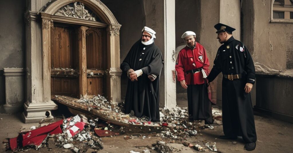 Obraz przedstawiający zdemolowaną kapliczkę maryjną na ulicy Sandomierskiej w Kielcach