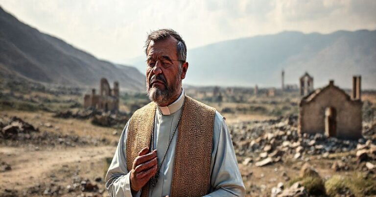 Kapłan w tradycyjnych szatach modli się przed niszczåcym krajobrazem na pograniczu pakistańsko-afgańskim, z widocznymi ruinami chrześcijańskich kościów w tle, symbolizując duchową walkę i prześladowania wiernych.