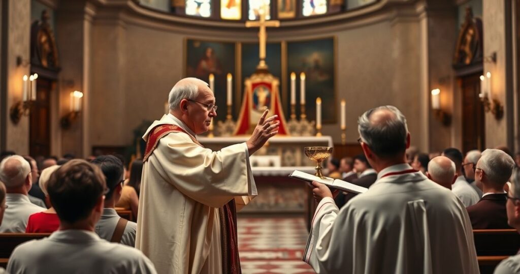 Realistyczny obraz kapłana katolickiego w tradycyjnych szatach podczas Mszy świętej, skupiony na Eucharystii i sakramentach w duchu katolickiej tradycji, z wierną społecznością.