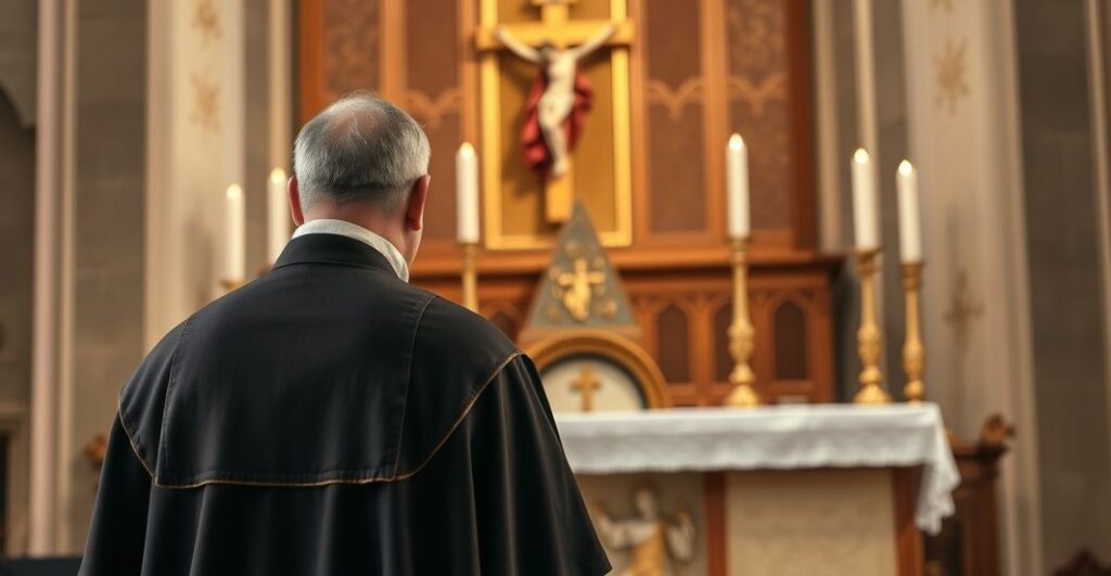 Kapłan katolicki w tradycyjnej szacie, modlący się przed ołtarzem, symbolizujący prawdziwą wiarę i autorytet Kościoła