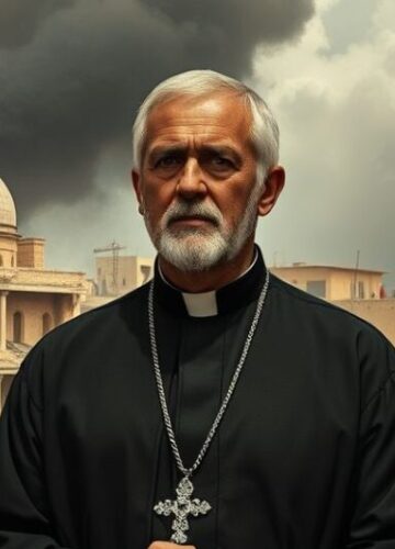 Kapłan katolicki a kryzys moralny w Gaza Kapłan katolicki w modlitewnym skupieniu przed zniszczonym Gaza, symbolizując moralną refleksję nad wojną i etyką chrześcijańską