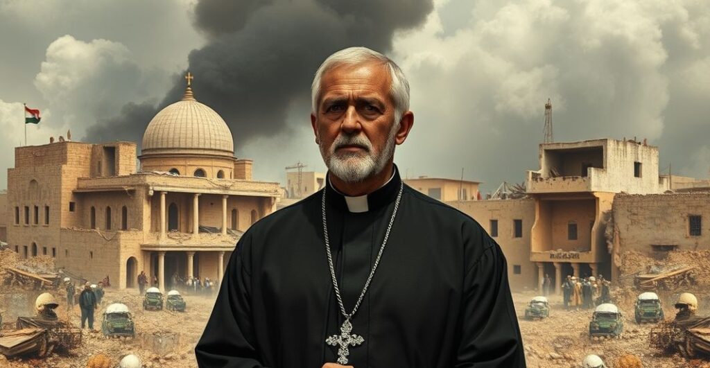 Kapłan katolicki w modlitewnym skupieniu przed zniszczonym Gaza, symbolizując moralną refleksję nad wojną i etyką chrześcijańską