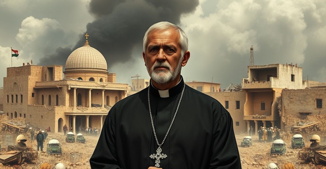 Kapłan katolicki w modlitewnym skupieniu przed zniszczonym Gaza, symbolizując moralną refleksję nad wojną i etyką chrześcijańską