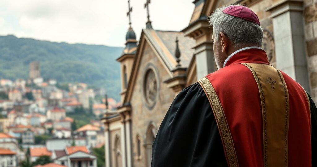 Kapłan katolicki w tradycyjnym ornacie przed kościołem, symbolizujący duchowy kryzys i potrzebę powrotu do wiary w czasach niepokoju społecznego w Serbii