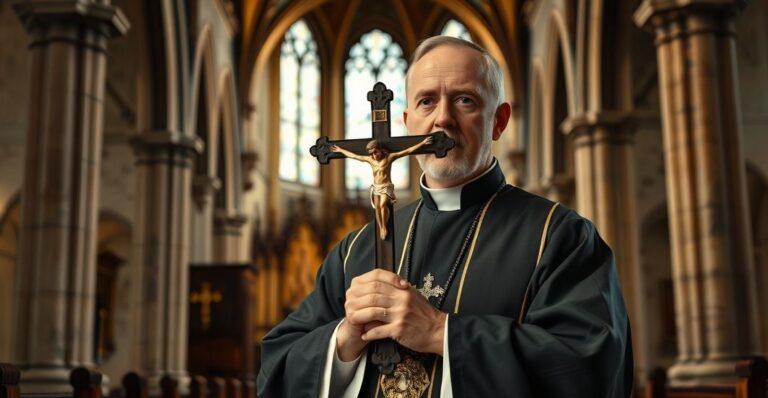 Kapłan katolicki w tradycyjnym stroju w świątyni, głęboko zanurzony w modlitwie, wyraz powagi i troski o prawdziwą wiarę, symbolizujący obronę nauk katolickich przed modernistyczną degeneracją