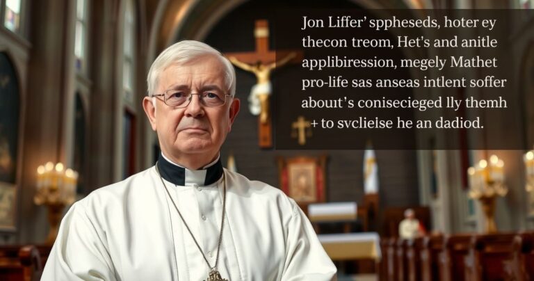 Kapłan katolicki w liturgicznym stroju w świątyni, symbolizujący sprzeciw wobec relatywizacji moralnej i prawnej aborcji w stanach 'pro-life'